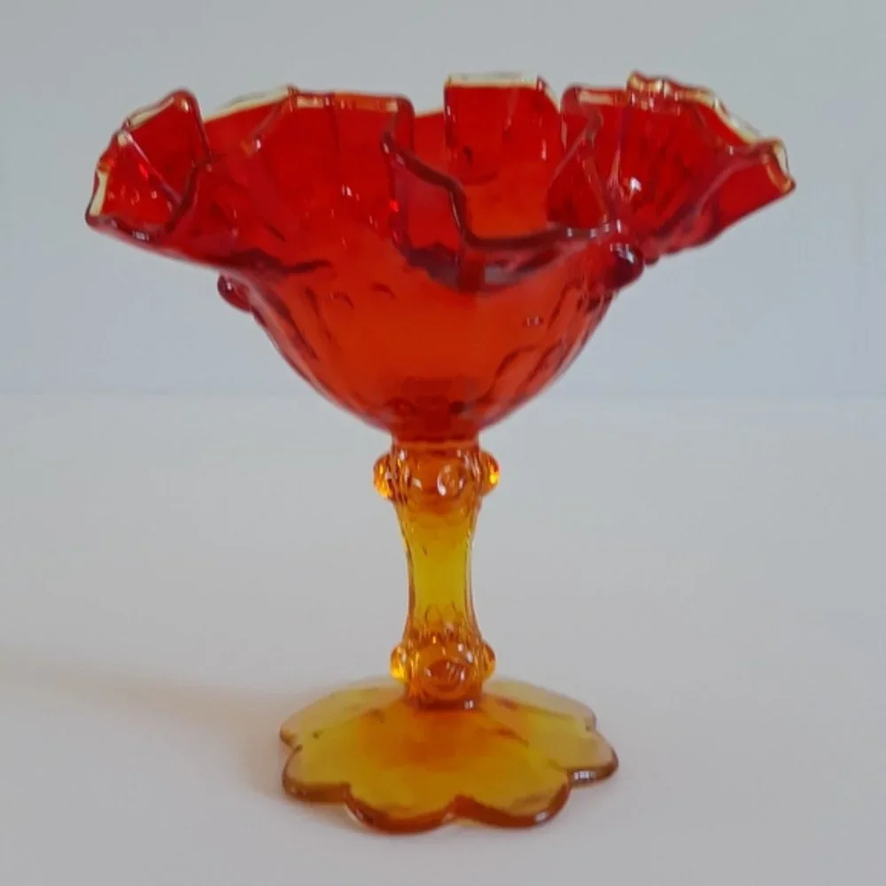 Vintage Amberina Glass Ruffled Compote Candy Dish Pedestal Bowl